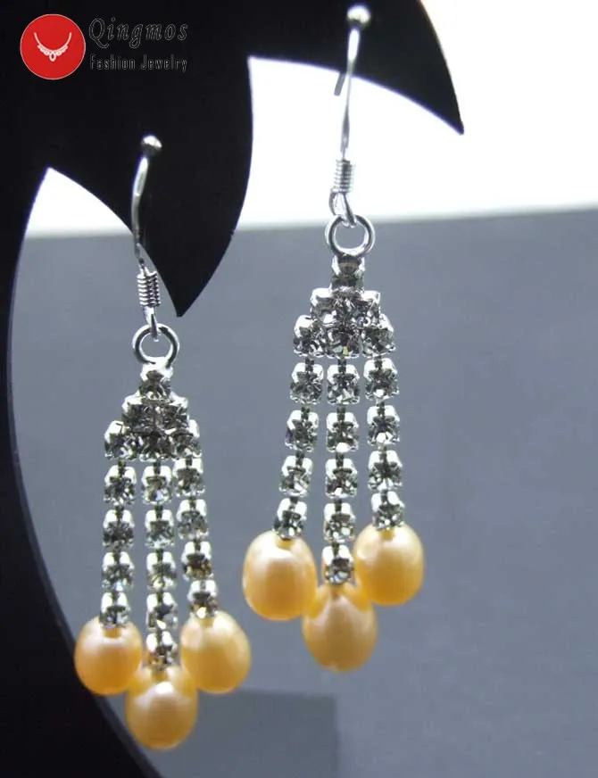 

Qingmos Natural Pink Pearl Earring for Women with 5*7mm Pink Drop Pearl Dangle 3 Strings Trendy Earring Fine Jewelry-ear313