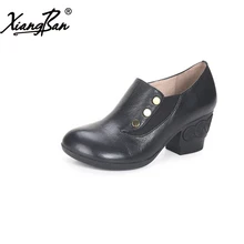 Xiangban Spring Female shoes Handmade Genuine Leather Women High Heels Thick With Round Toe Pumps