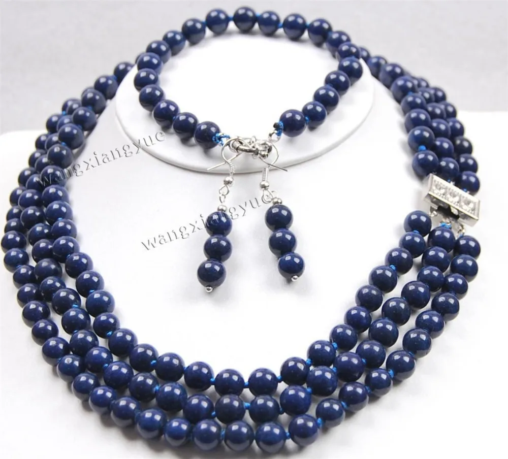 

hot sell new - 3rows 8mm blue lapis lazuli necklace bracelet earrings set (A0425)