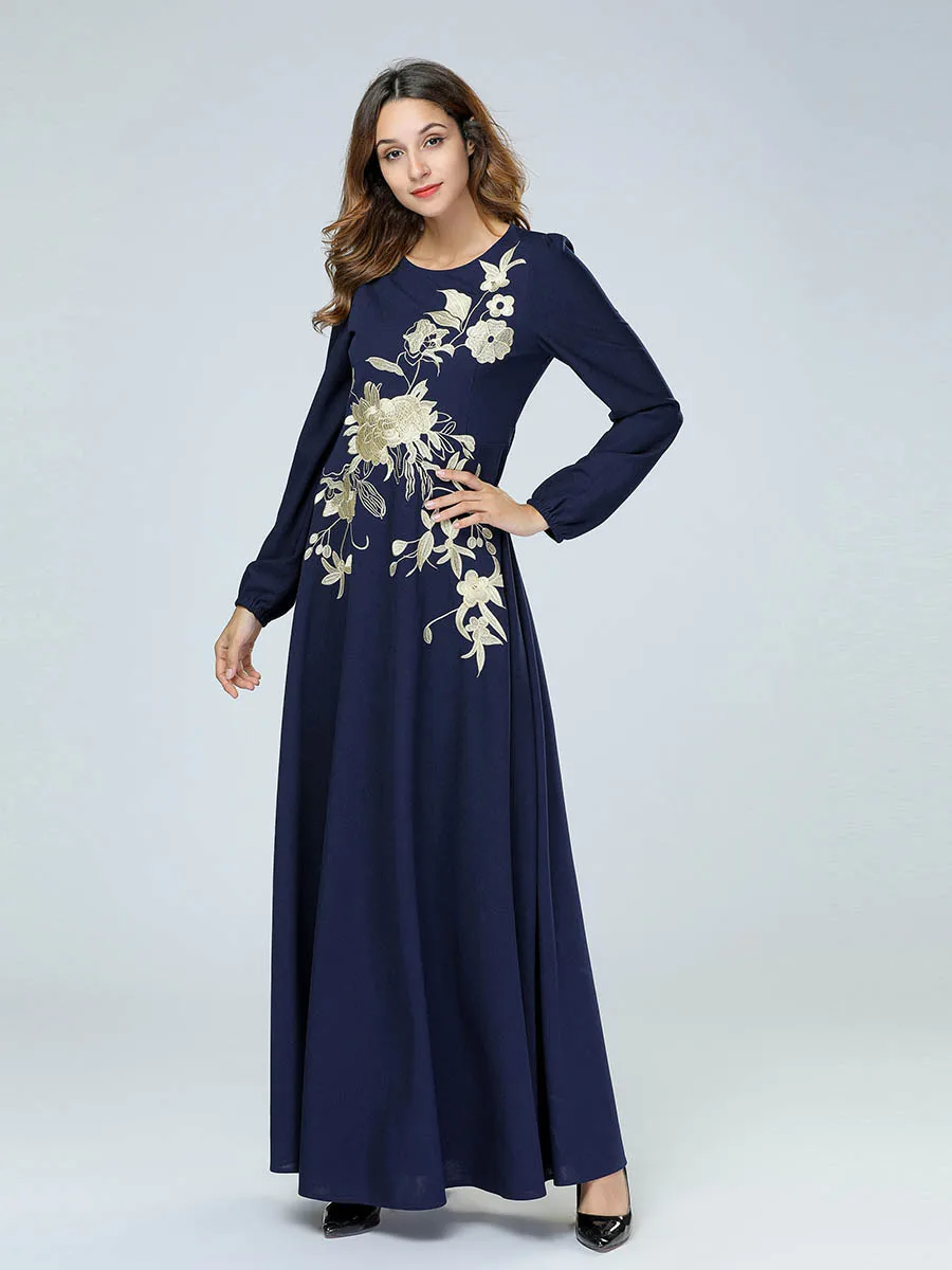 2019 повседневное для женщин вышивка платье с цветочным рисунком темно синие мусульманские абаи Восточный халат из марокена хиджаб Femme Musulman