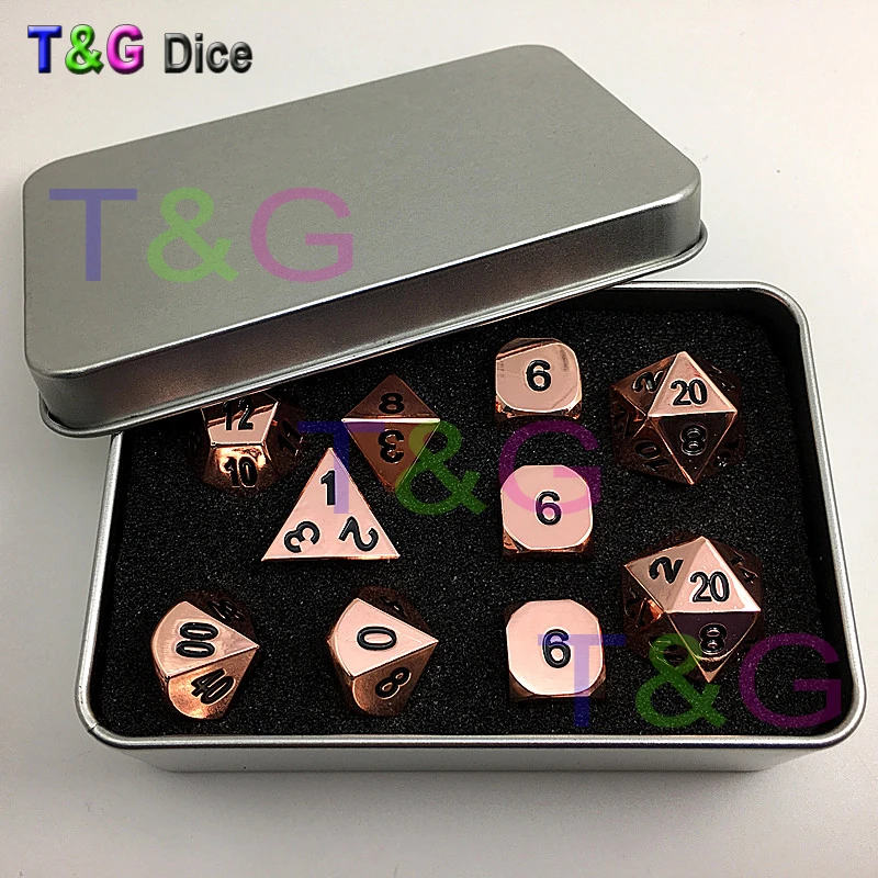

Hot Rose Gold Color Metal Dice with Glossy Faces D4 3xD6 D8 D10 D12 2xD20 with Iron Box for Card Game