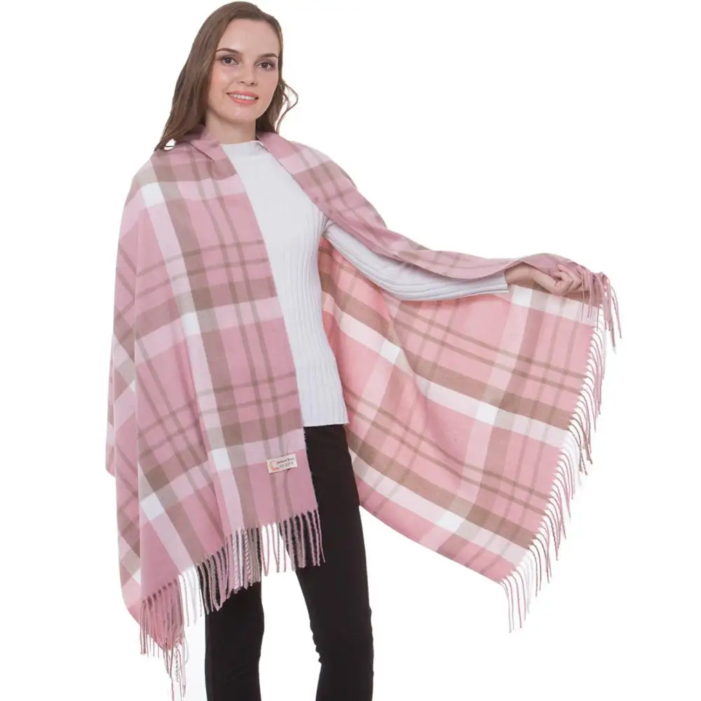Кашемировый шарф, шаль, зимний стильный женский клетчатый осенний шарф, пашмина, тонкий матовый длинный большой толстый шотландский хиджаб с бахромой, розовый