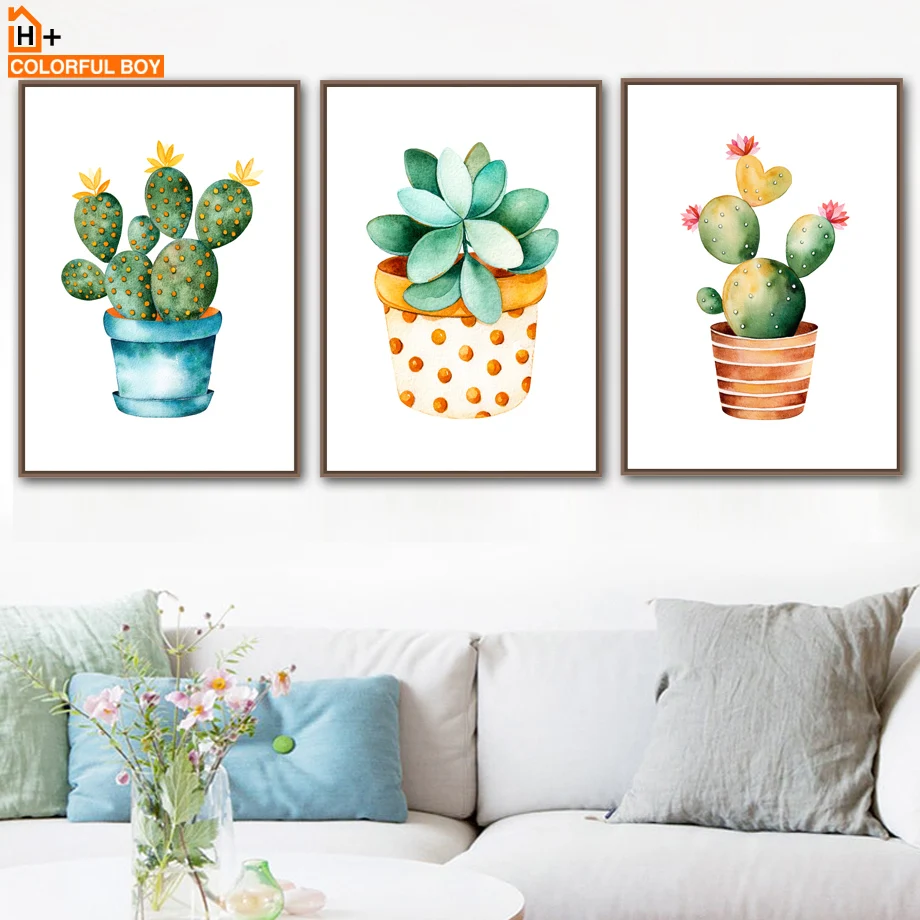 Watercolor Cactus Potted Flower Wall Art Canvas Painting Nordic Posters