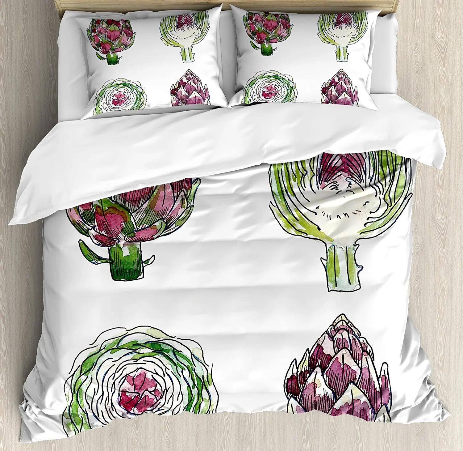 

Artichoke Duvet Cover Set Vegetables from Various Angles Agriculture Diet Food Watercolor Set Decorative 4 Piece Bedding Set