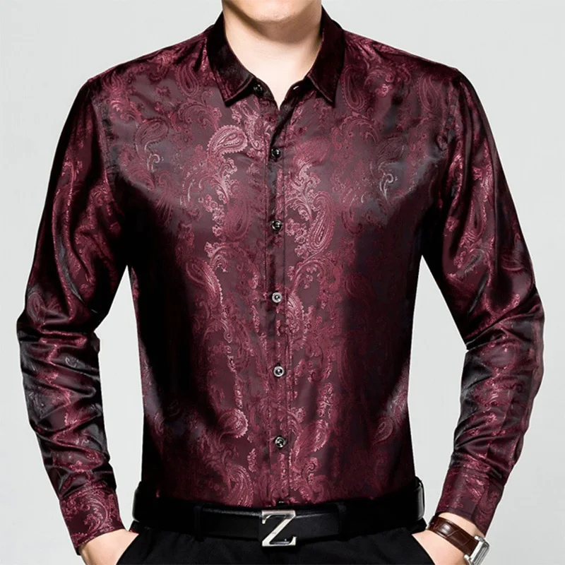 Новое поступление, Мужская модная жаккардовая рубашка с длинным рукавом на осень и весну, свободная шелковая хлопковая рубашка, деловая Повседневная рубашка