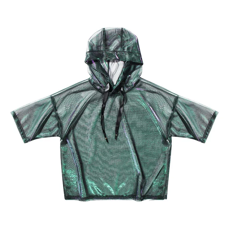 

Women Summer Short Sleeve Bling Perspective Sexy Hooded Tshirt Female Streetwear Hip Hop Loose Casual Short T Shirt Crop Tops