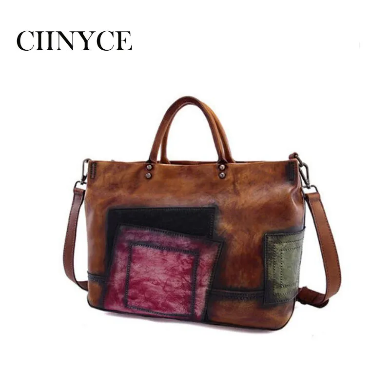 

2019 Panelled Women Handbag Soft Genuine Leather Top-handle Shoulder Bags Handmade Cow Leather Messenger Bag vintage style
