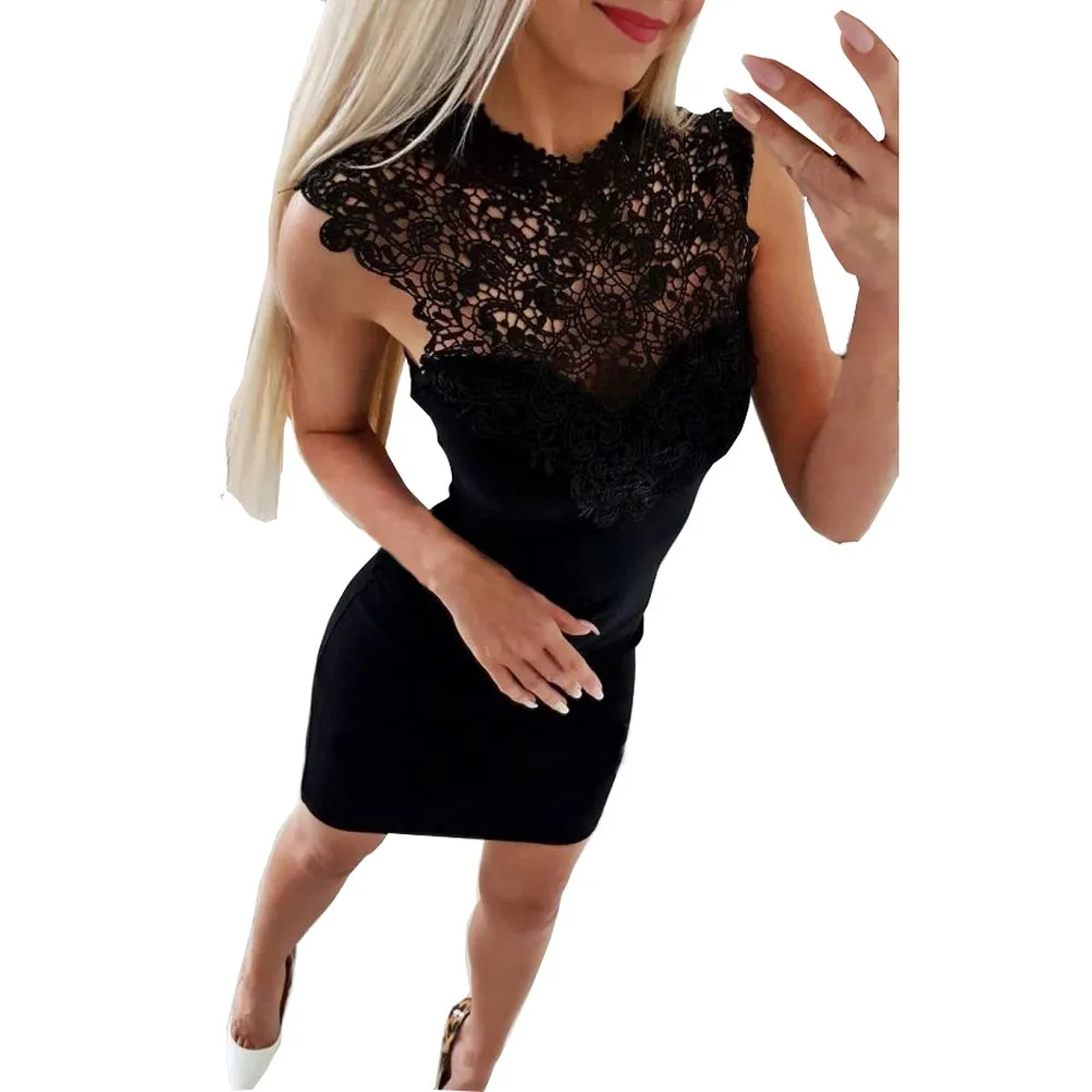 

Women Sleeveless O-Neck Lace Hollow Out Solid Color Dresses Woman Party Night Vestidos De Verano Mujeres 2019#TF