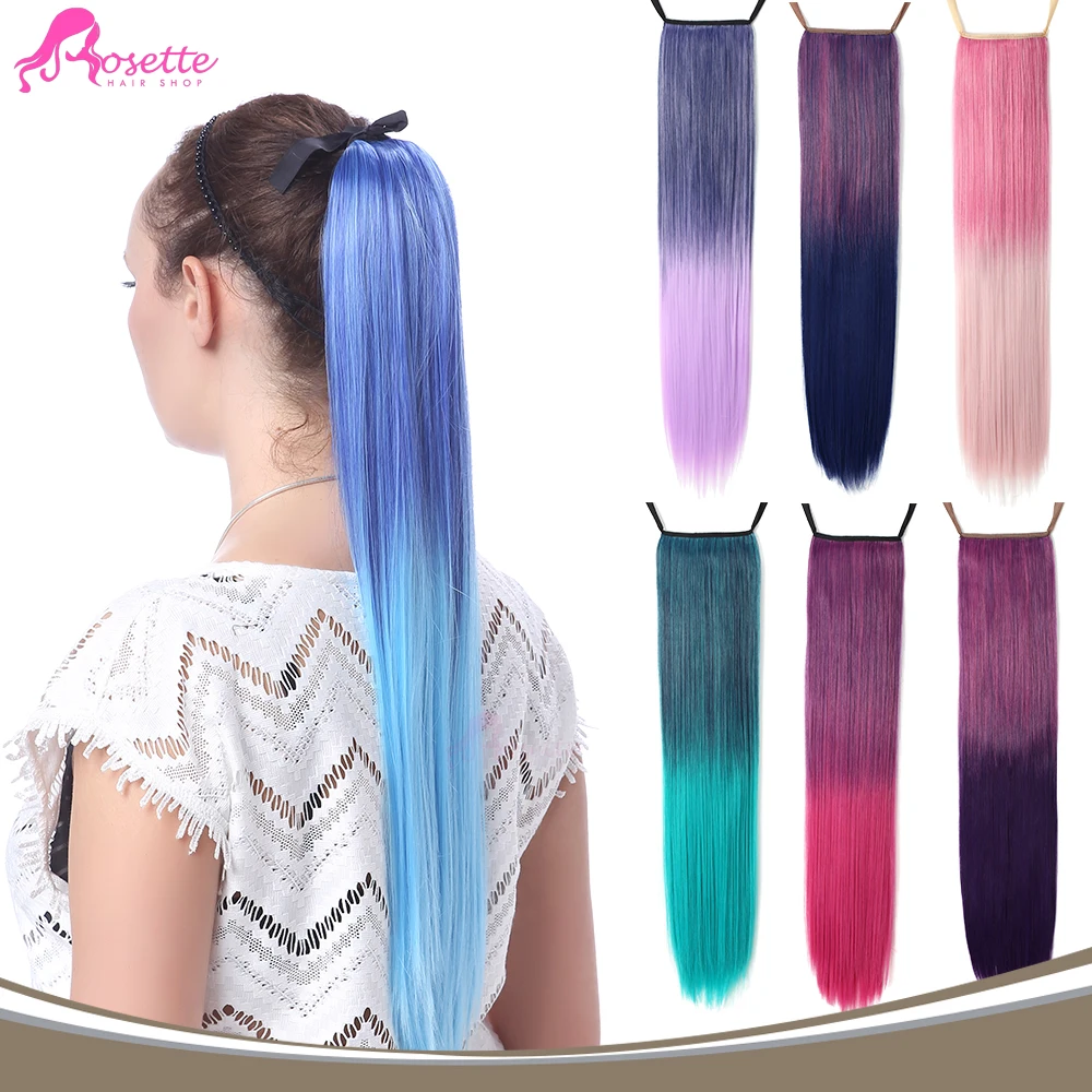 24"Rainbow Hairpiece Straight Ombre Two Tone Clip In Hair Extensions