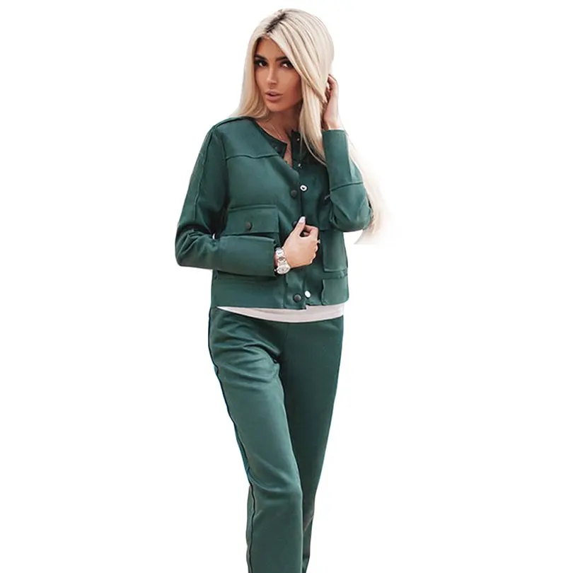 

MVGIRLRU Elegant Women's Suede Suits Ladies Pant Suits Single-breasted Pockets Jacket and trouser Sets