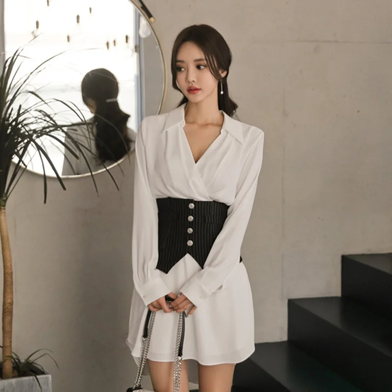 Women Clothes 2022 T Shirt Dress Midi Long Shirt Female Tunic Ol V Neck White New Korean Style Women Dress Autumn 2022 DD2116
