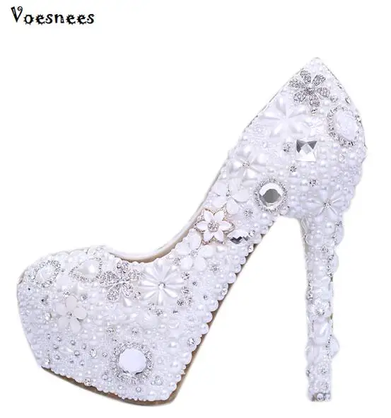 

White Pearl Women Wedding Shoes Glitter Gorgeous Crystal Rhinestone High Heels Women's Pumps Platform Shoes Woman Bridal Shoes