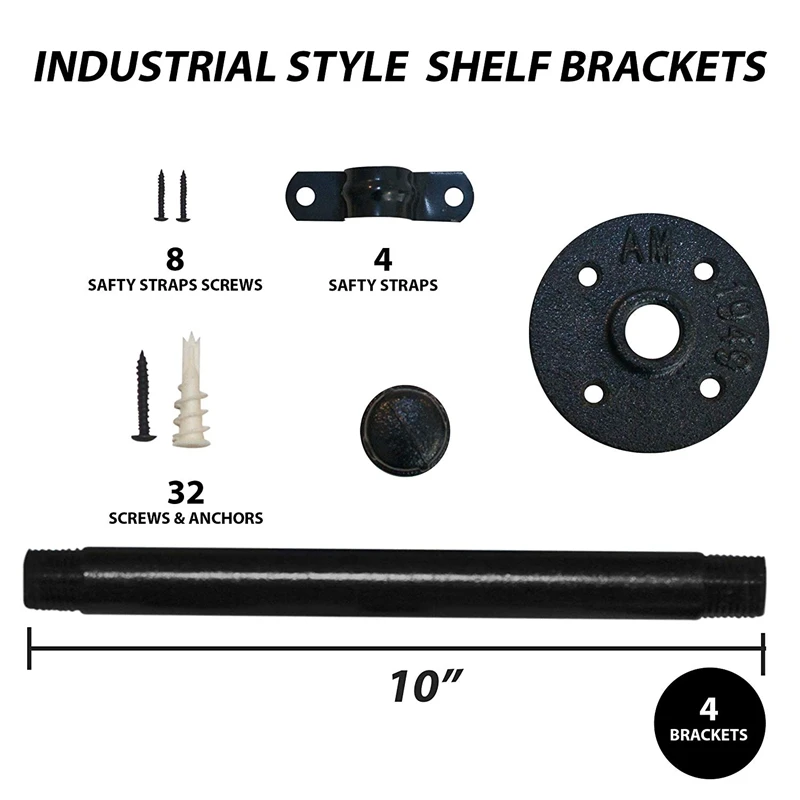 

Industrial Pipe Shelf Brackets - With Heavy Duty Screws, Shelf Brackets 10 Inch, Pipe Brackets For Shelving For Your Farmhouse