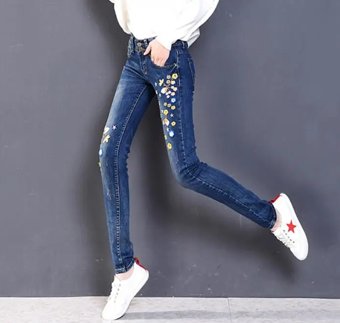 Осенние джинсы с цветочной вышивкой Женские Pantalon Femme Джинсы облегающие, брюки эластичные брюки-стрейч брюки-карандаш r1480