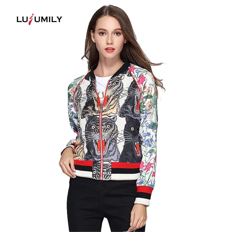 

Lusumily Floral Bomber Jacket Women Spring Embroidered Print Tiger Thin Long Sleeve Zipper Boho Chic Zipper Streetwear Basic Coa