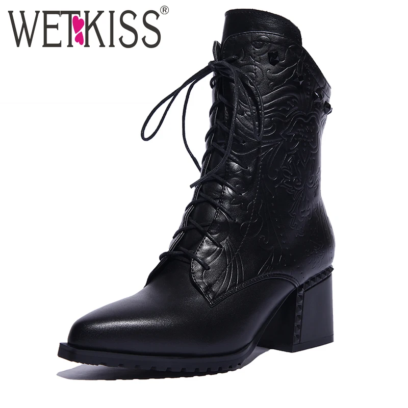 

WETKISS Genuine Leather Embossed Pointed toe Short Women Boots Lace up Zipper Rivets Shoes Woman Thick Heels Autumn Winter Boots