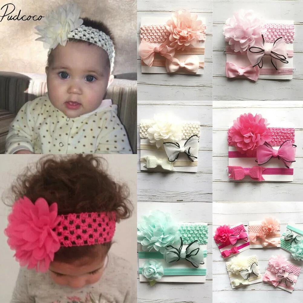 

2019 Baby Accessories Beauty 3Pcs/Set Baby Girls Infant Toddler Flower Bow Headband Hair Band Baby Shower Photo Props Gift