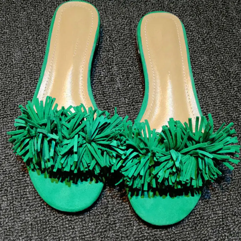 

Hot New Woman Slides Handmade Woman Shoes Fringe Embellished Chic Woman Flats Outdoor Runway Superstar Shoes Summer Beach Shoes