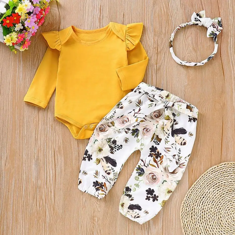 

AMISSA Spring Newborn Clothes Cotton Yellow Girls Long Sleeve Rompers+Pant+Headband 3PCS Infant Baby Jumpsuit Set