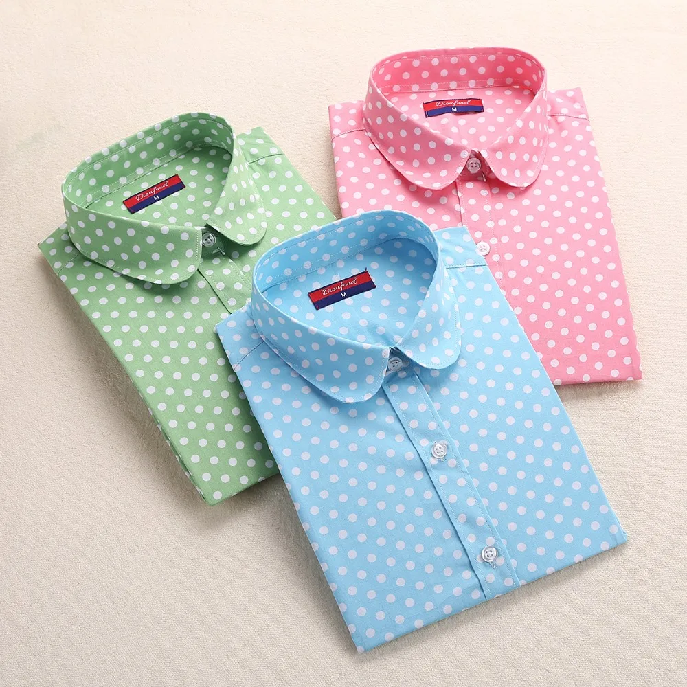 Plus Size Dot Shirts Women Blouse Long Sleeve Vintage Blouses Polka Dot Ladies Tops Cotton Turn Down Collar Casual Female Blusas