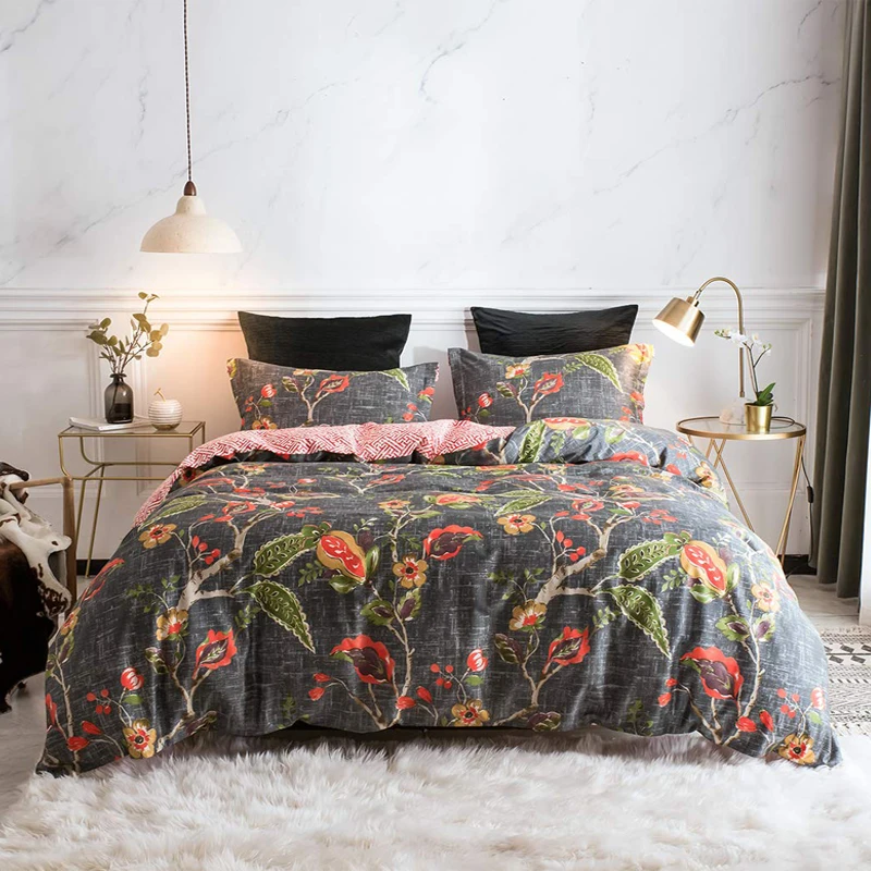 

PHF T300 Cotton Duvet Cover Set 3 Piece AB Surface Retro Printed Luxury Weave Sateen Jacquard Bedding Set King Queen Size Black