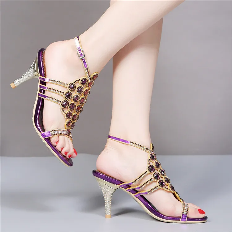 Summer New 2016 T-belt Buckle Diamond Crystal Purple Wedding Shoes For Bride High Heel Stilettos Sandals High Quality-4