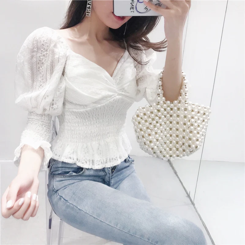 

Amolapha Women Lace V Neck Pleated Blouses Tops Long Sleeve Slim Fit Ladies Fashion Shirt Blouses