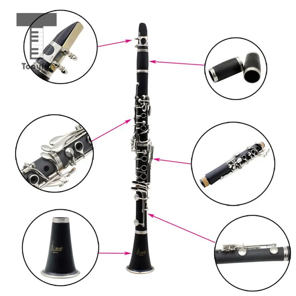 Tooyful Portable Professional Exquisite Black Black 17 Key B Clarinet with Box Set Orchestral Musical Instrument Gift 67cm