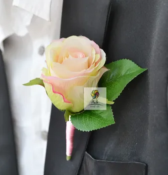 

4 PCS Lot Pink Rose Wedding Boutonnieres Groom Groomsman Pin Brooch Artificial silk Corsage man suit decor flowers accessories