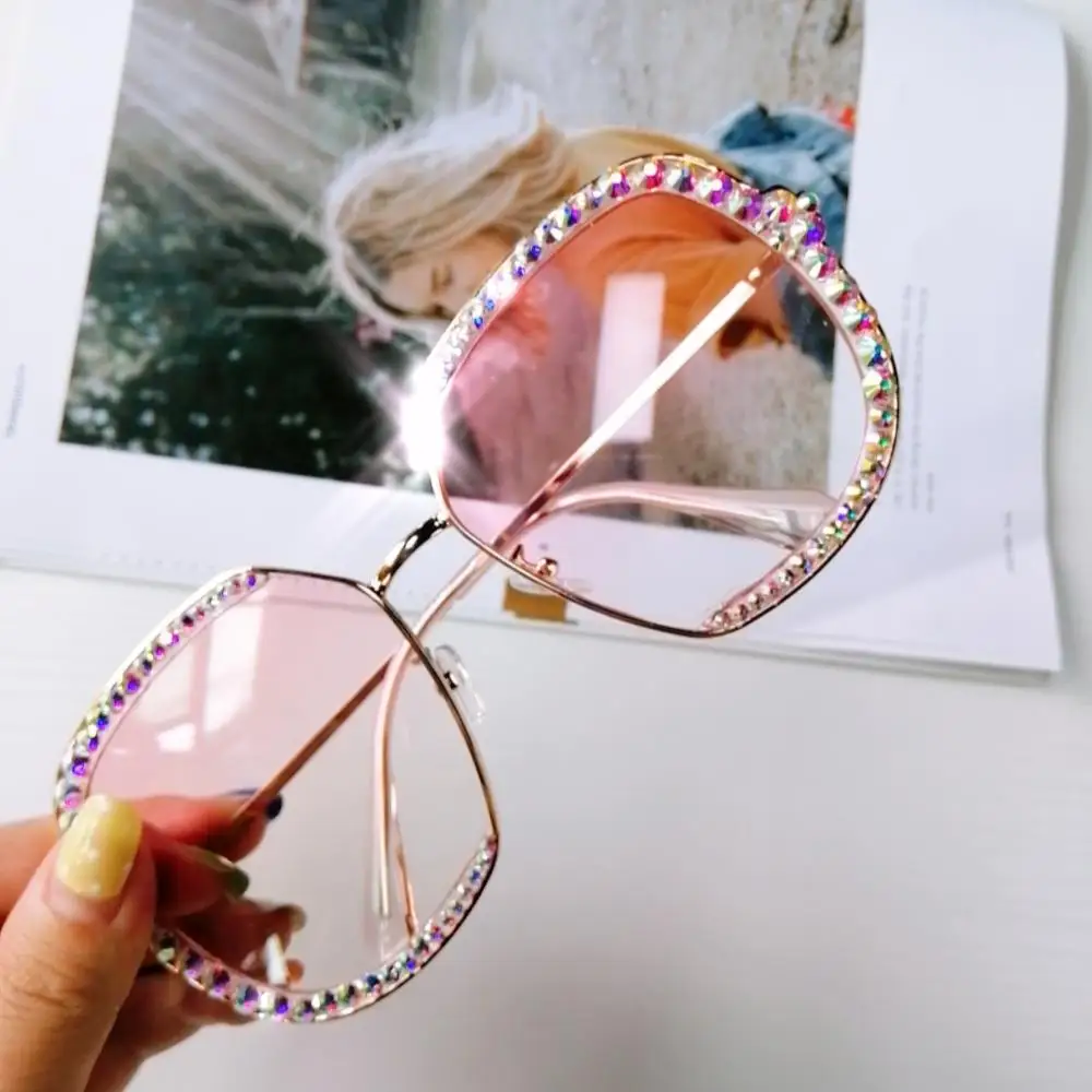 Luxury Rhinestone Square Sunglasses Women Brand Pink Black Clear Lens Oversized Diamond Sunglasses For Men Vintage Shades