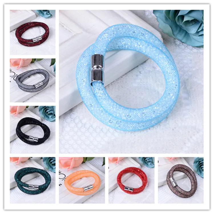 2015 Hot sale Multicolor Mesh Double Stardust Bracelets Bangles with tiny resin crystal filled magnetic Wrap Bracelet for women | Украшения