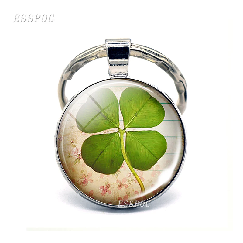 

Shamrock Lucky Clover Jewelry Key Chain Handmade Art Glass Pendant Silver Key Ring for Women Gifts