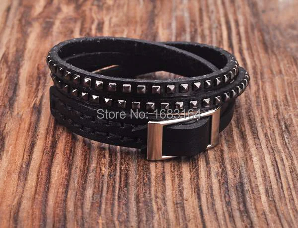 

Black Double Wrap Leather Wristbands Bracelet Cuff Punk Lined &Studded New Mens