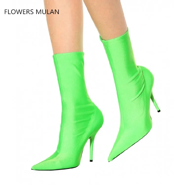 

Fashion New Luxury Silk Upper Slip On Pointed Toe Knee High Light Color Lady Boots Sexy Super High Heels Women Party Even Shoes