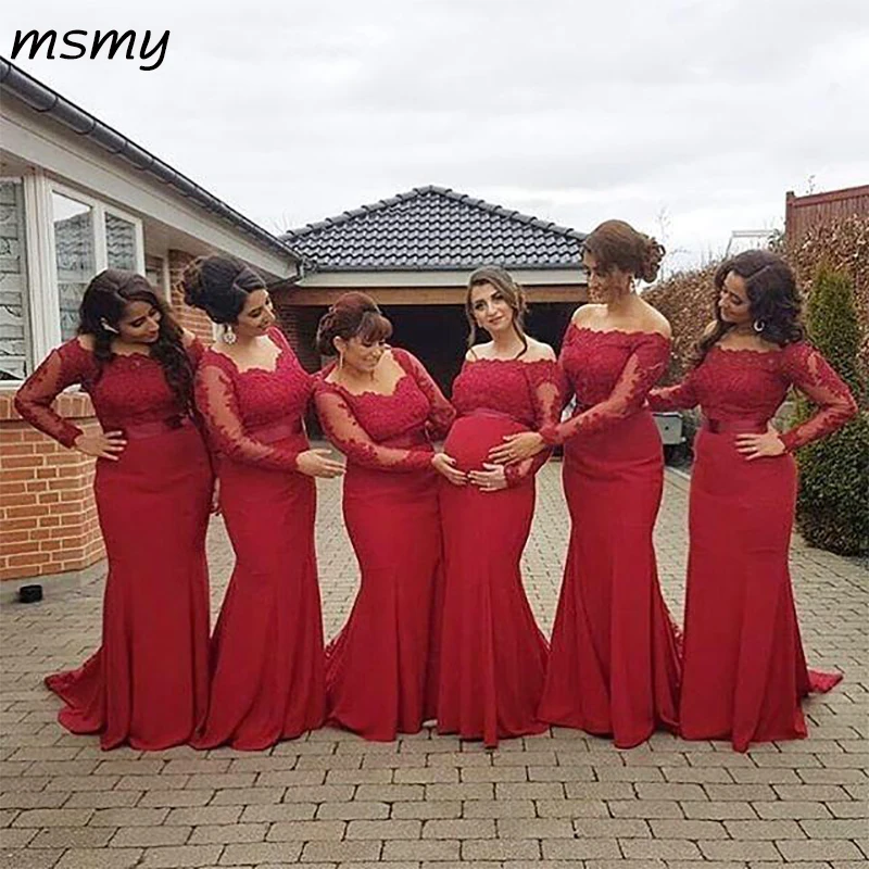 Новые красные платья подружки невесты размера плюс платья для беременных с открытыми плечами и длинными рукавами Вечерние платья для беременных