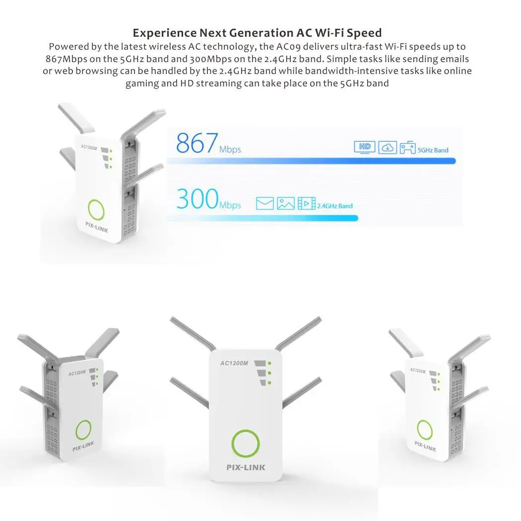 

AC1200M Wireless High Power Repeater/Router/AP Range Extender 10 100Mbps Yes Signal Booster 2.4G and 5G