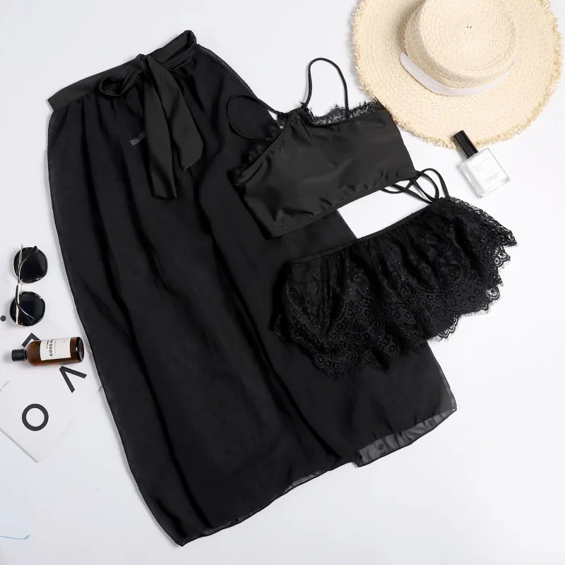 

Tankini Female Body Skirt Solid Color Three-piece Covered Belly Thin Girl Conservative Swimwear Bikini Beach Holiday