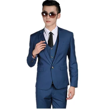 

Men's fashion single button work wear formal suit business blue wedding dress was slim and healthy (coat + vest, trousers)