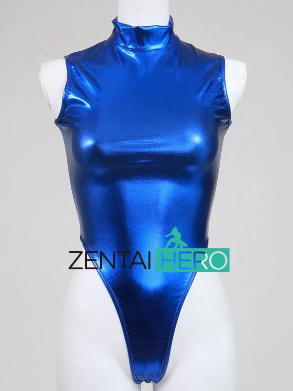 ZentaiHero Sexy Women's Zentai Bodysuit Shiny Metallic Zip Back T High-Cut Leotard Sleeveless Catsuit Fancy Dress MY053 (2)