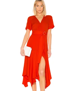 

2019 New Solid V-Neck Women Dress Elegant Short Sleeve Asymmetrical Dresses E5221