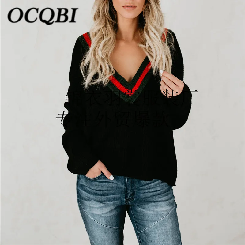 

Winter 2019 England Style V-Neck Solid Sweater Striped Collar Casual Pullover for Ladies