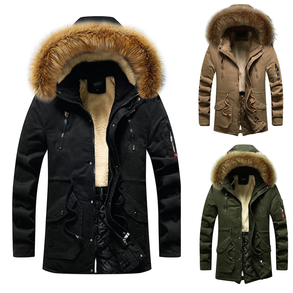 

Men's Winter Coat Military Medium long Winter Coat Thickening warm Cotton-padded Jacket Male Fur collar Hooded wadded