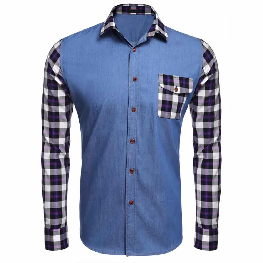COOFANDY Men Denim Shirt Long Sleeve Plaid Print Casual Shirt For Men