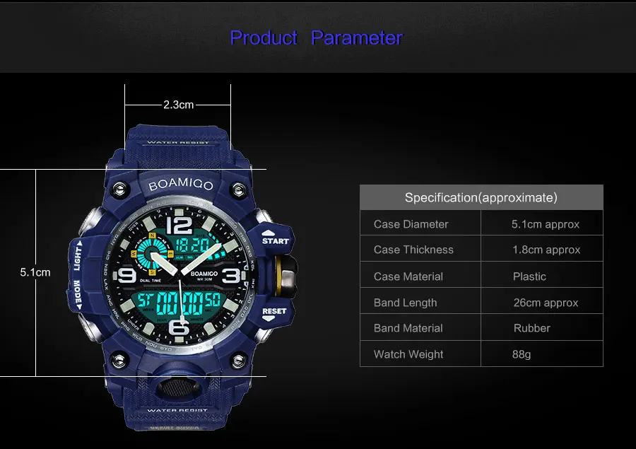 BOAMIGO Brand Men Sports Watches Military LED Digital Analog Wrist Watch man shock Swim Waterproof Blue Clock Relogios Masculino