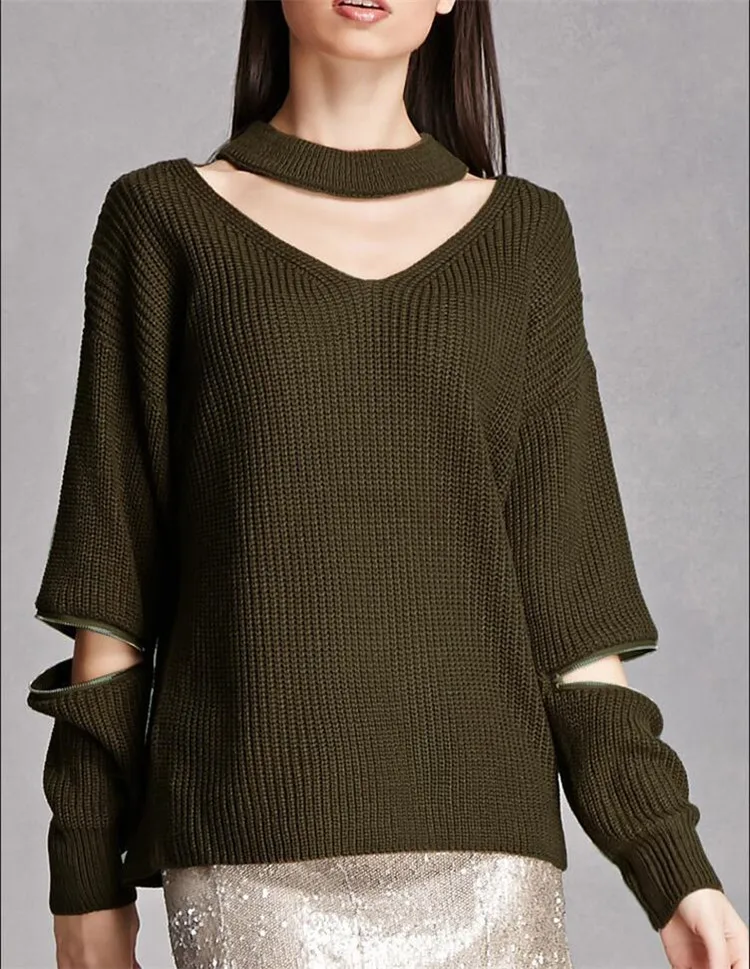 Women Halter Neck Sweaters 2017 New Autumn Fashion Pullover Zipper Hole