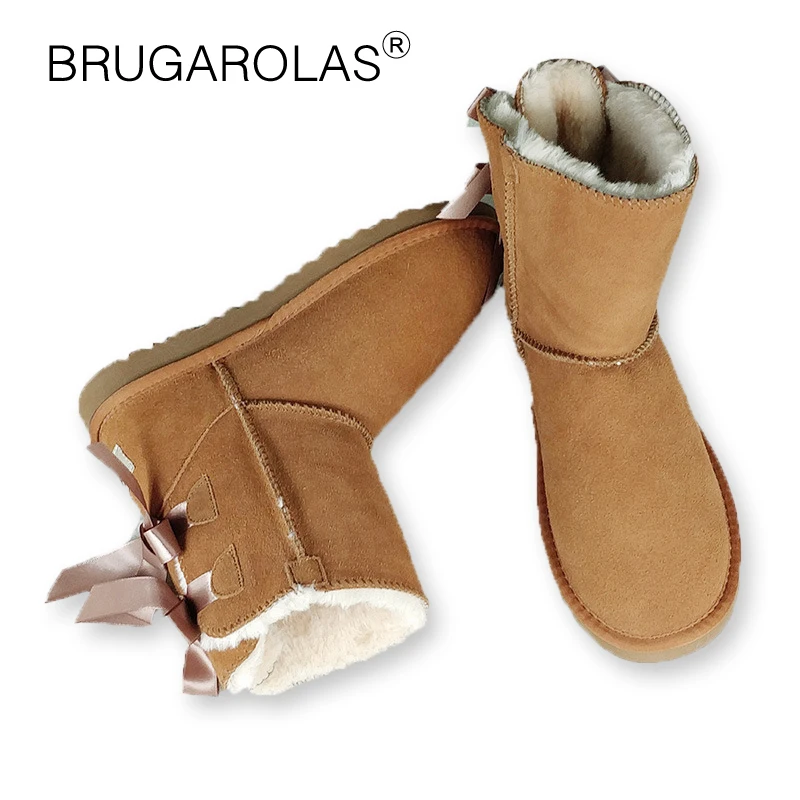 

High Quality Genuine Leather women Snow Boots Winter short plush butterfly-knot Boots Suede Fur Wool Lined Warm Shoes