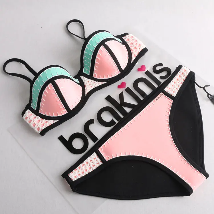 2016 Women S Crochet Floral Push Up Neoprene Bikini Set Swimsuit Swimwear Bikinis Free Shipping