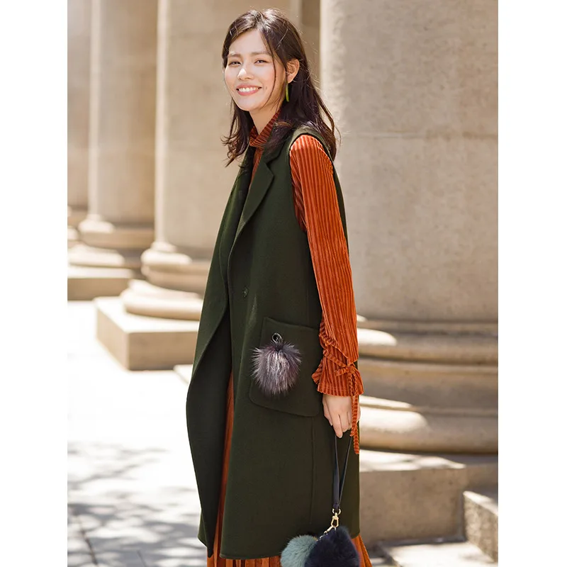 

INMAN Autumn Sleeveless Women Comfortable Long Loose Shape Solid Color Wool Outerwear Coat