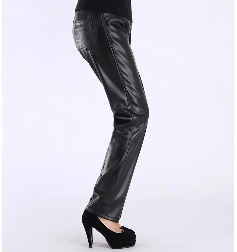 S-3XL плюс размер с высокой талией теплые бархатные наполненные мотоциклетные брюки из искусственной кожи женские толстые прямые теплые