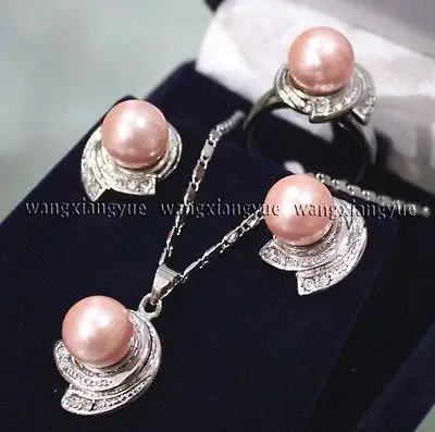 

10MM Pink South sea Shell Pearl Earrings Ring & Necklace Pendant Set>>18K gold plated watch wholesale Quartz stone CZ crystal